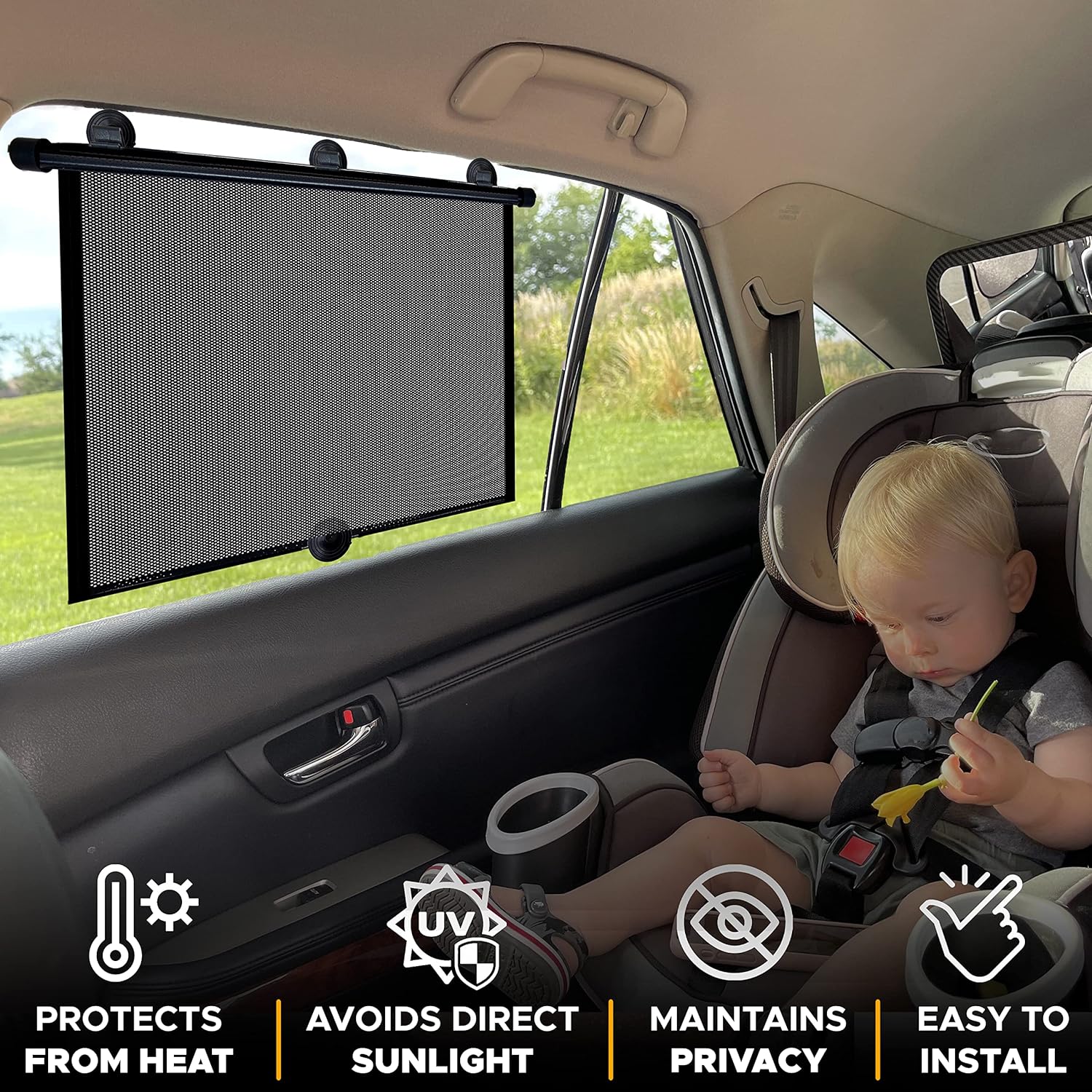 EcoNour Car Window Covers for Baby (2 Pack) | Retractable Car Window Shades for Protecting Kids, Passengers &amp; Pets from Harmful Sun Rays | Car Sun Shade for Trucks | XXL (22”x24”)