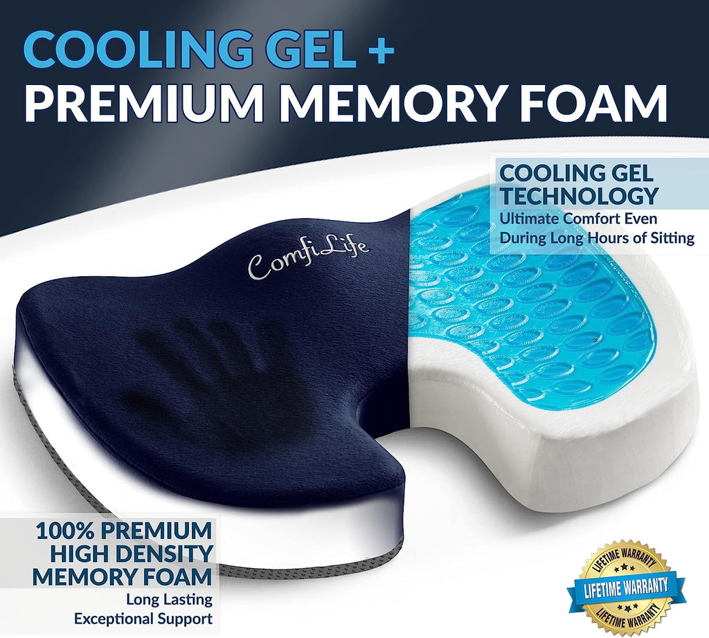 ComfiLife Gel Enhanced Seat Cushion – Non-Slip Orthopedic Gel &amp; Memory Foam Coccyx Cushion for Tailbone Pain – Office Chair Car Seat Cushion – Sciatica &amp; Back Pain Relief (Navy)
