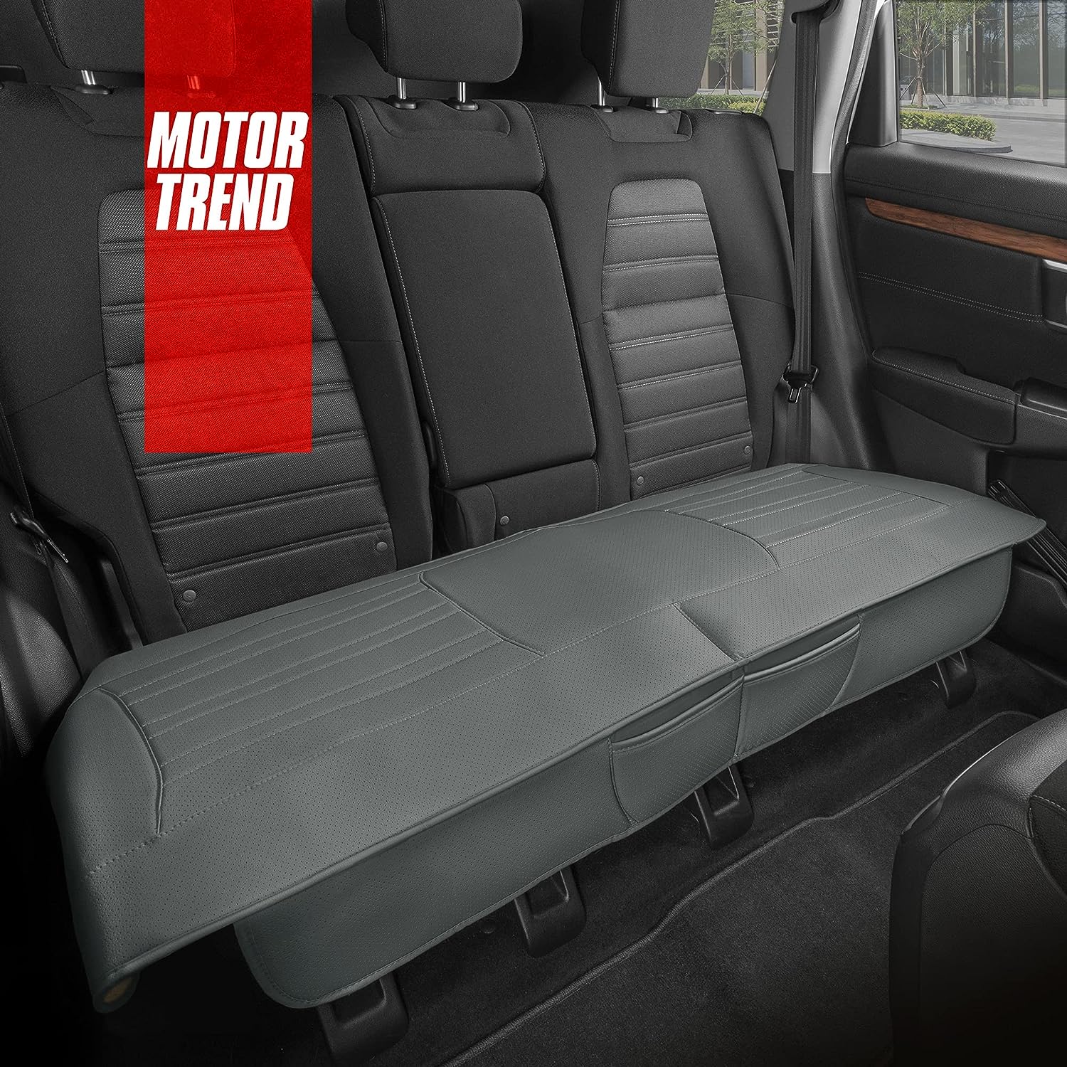 Motor Trend Seat Cover for Cars Trucks SUV, Faux Leather Rear Bench Gray Padded Car Seat Cover with Storage Pockets, Premium Interior Car Seat Cover