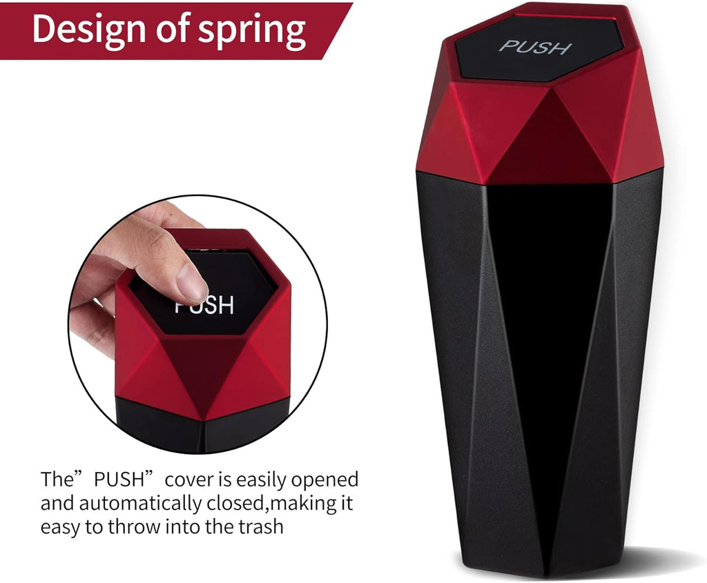 JUSTTOP Car Trash Can with Lid, Diamond  Small Automatic Portable Trash Can, Easy to Clean, Used in Car Home Office Interior Accessories, 2PCS (Red)