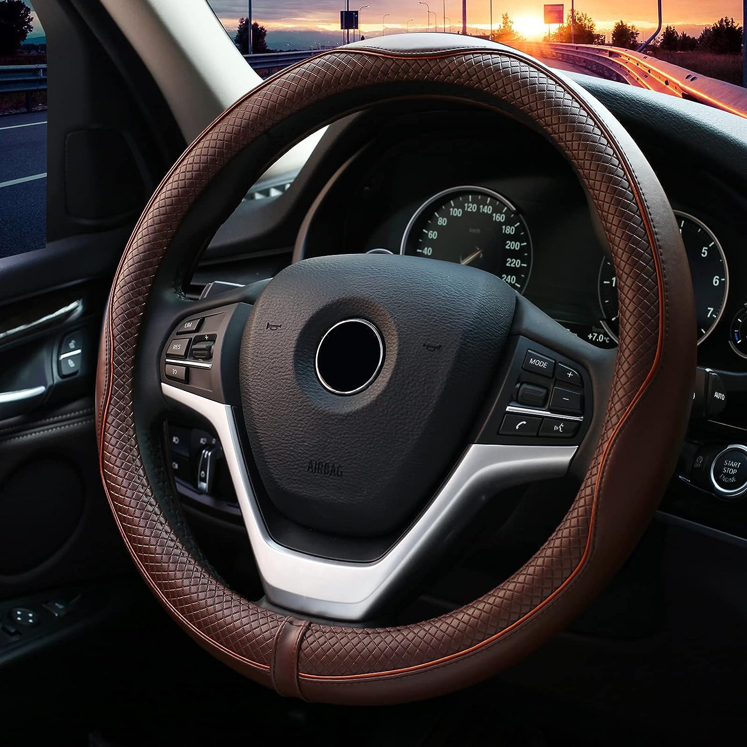Valleycomfy Steering Wheel Covers Universal 15 inch - Genuine Leather, Breathable, Anti Slip &amp; Odor (Coffee, M(14" 1/2-15" 1/4))