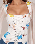 Sheer Mesh Butterfly Print Eyelet Long Sleeve Corset Top