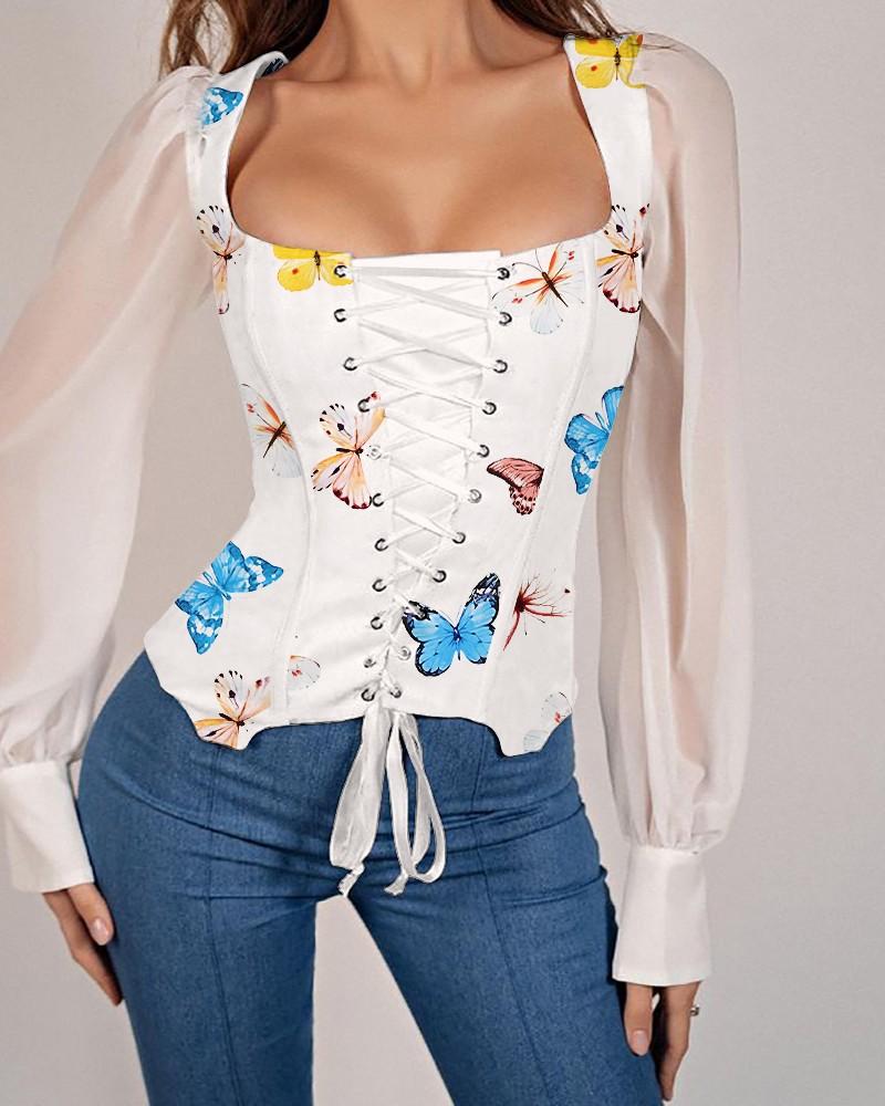 Sheer Mesh Butterfly Print Eyelet Long Sleeve Corset Top