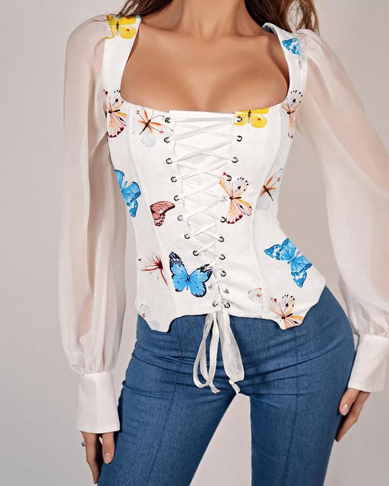 Sheer Mesh Butterfly Print Eyelet Long Sleeve Corset Top