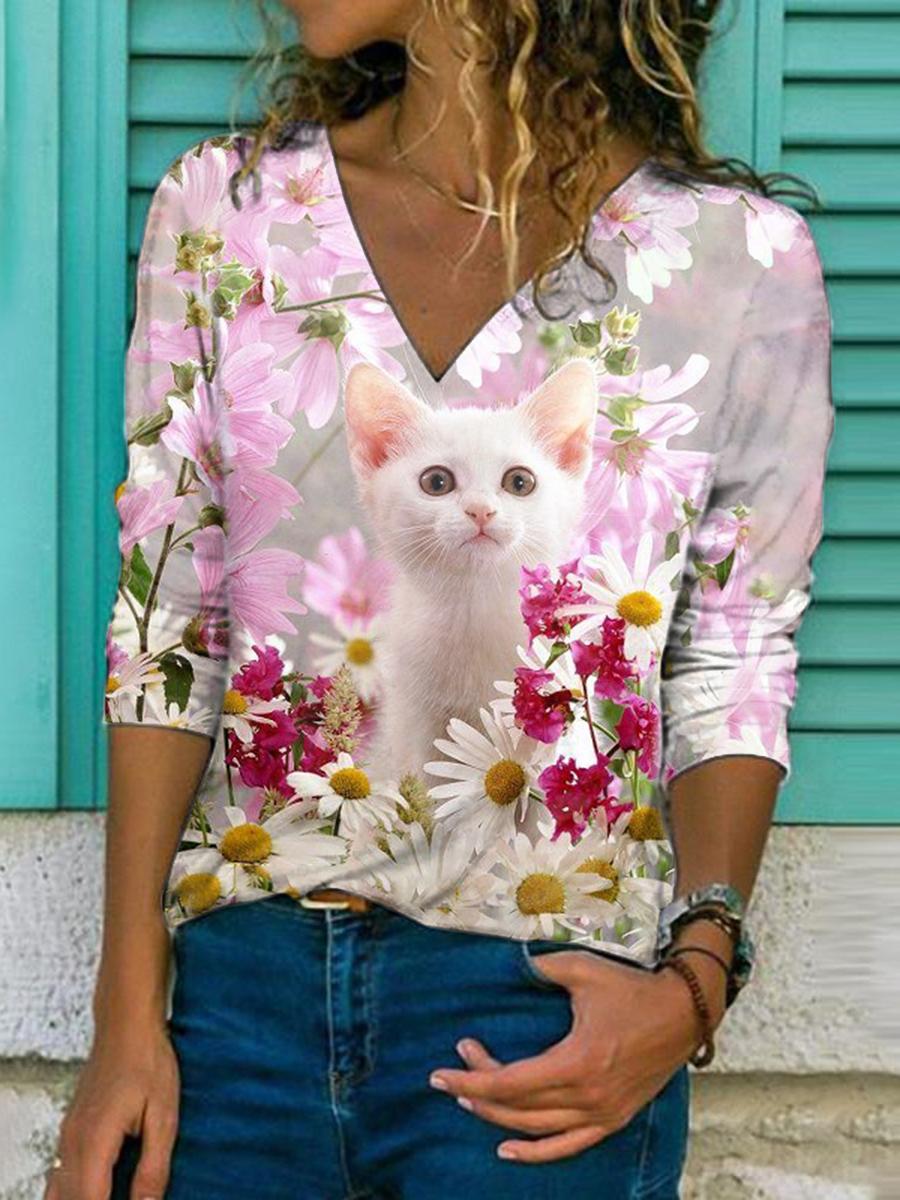 Ladies V-Neck Cute Cat Print Fashion Sleeved T-shirt