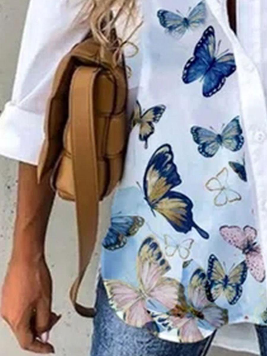 Fashion Butterfly Print Lapel Long Sleeve Casual Blouse