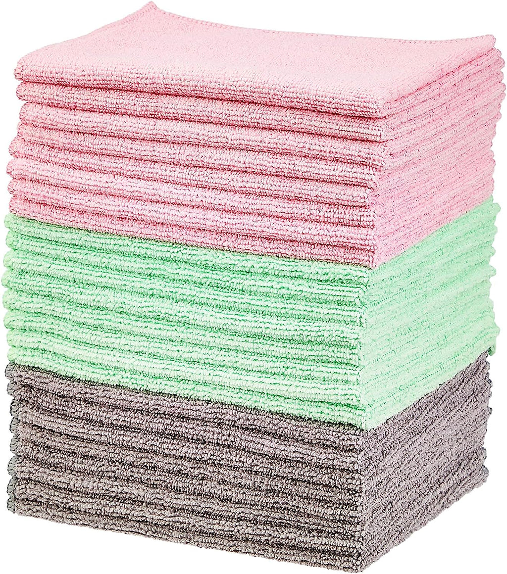 Amazon Basics Microfiber Cleaning Cloth, Non-Abrasive, Reusable and Washable, Pack of 24, Green/Gray/Pink, 16" x 12"