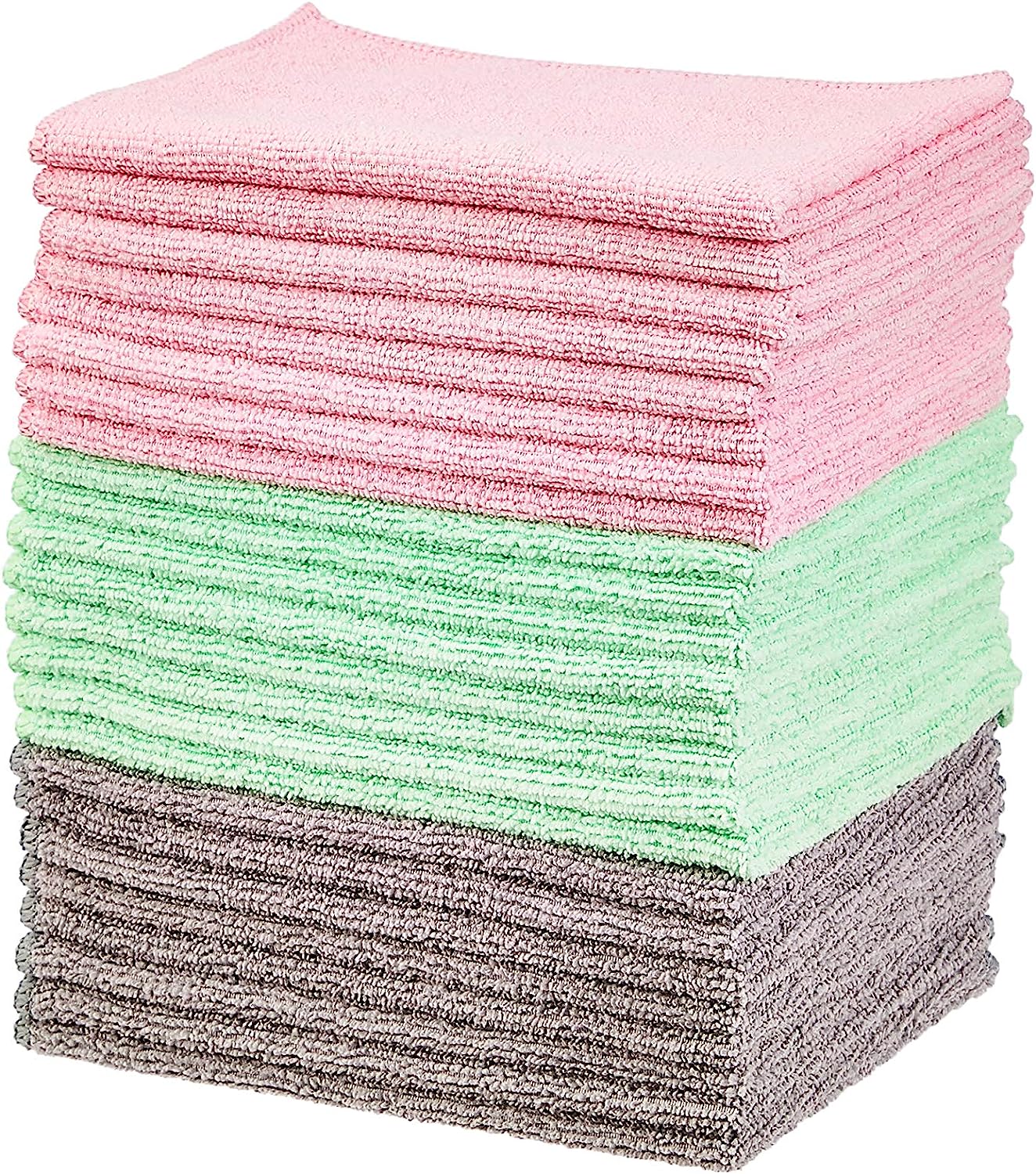Amazon Basics Microfiber Cleaning Cloth, Non-Abrasive, Reusable and Washable, Pack of 24, Green/Gray/Pink, 16" x 12"