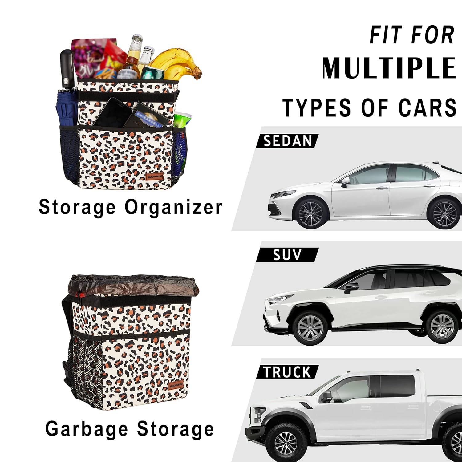 SIBOFUEGO Cute Car Trash Can with Lid - Leak Proof Car Trash Bag Hanging Waterproof Car Garbage Can with Storage Pockets Multipurpose Collapsible Car Organizer (Leopard Print)