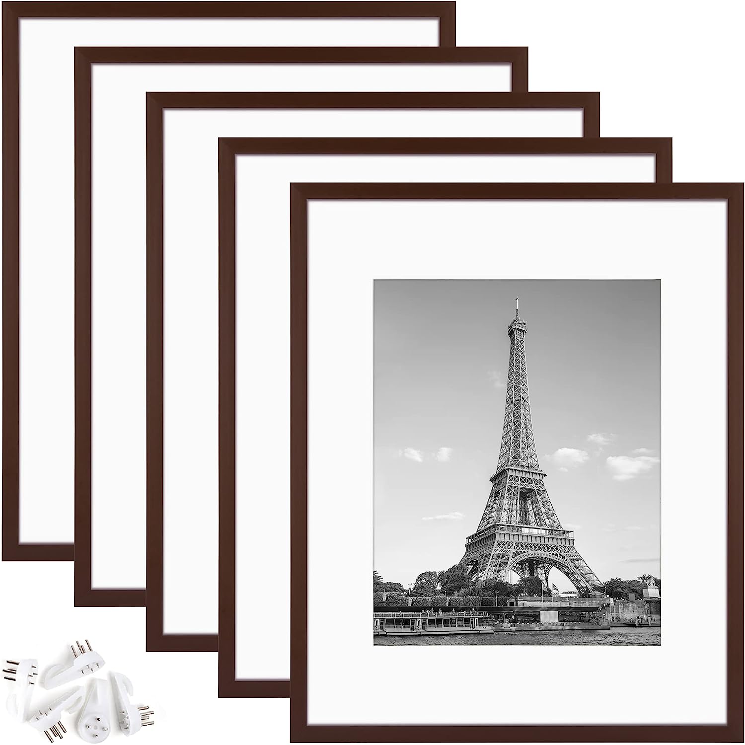 upsimples 16x20 Picture Frame Set of 5, Display Pictures 11x14 with Mat or 16x20 Without Mat, Wall Gallery Poster Frames, Brown