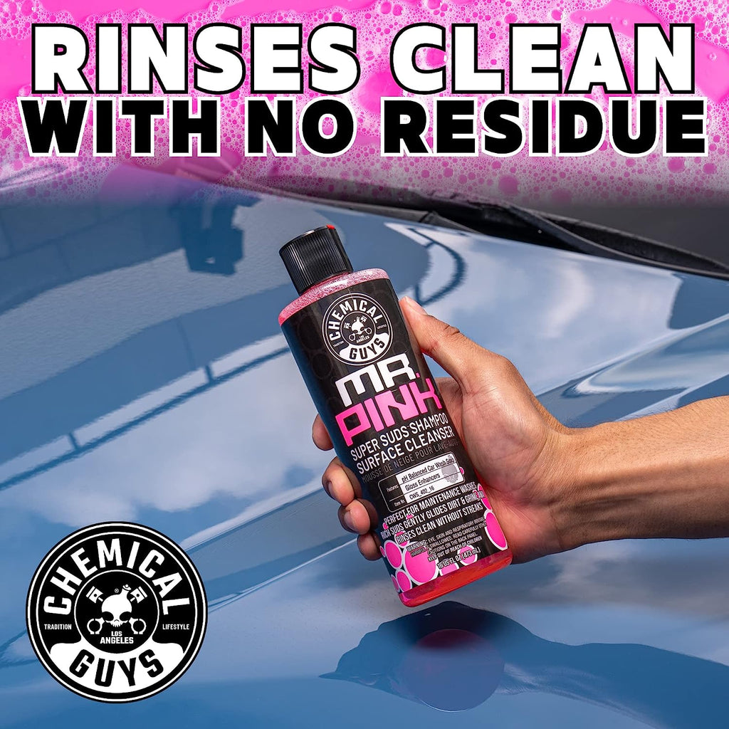 Chemical Guys CWS_402_16M Car Wash Starter Bundle - Mr. Pink Foaming Car Wash Soap, 16 fl oz, Candy Scent + Green Chenille Wash Mitt (2 Items) Works on Cars, Trucks, SUVs, RVs &amp; More