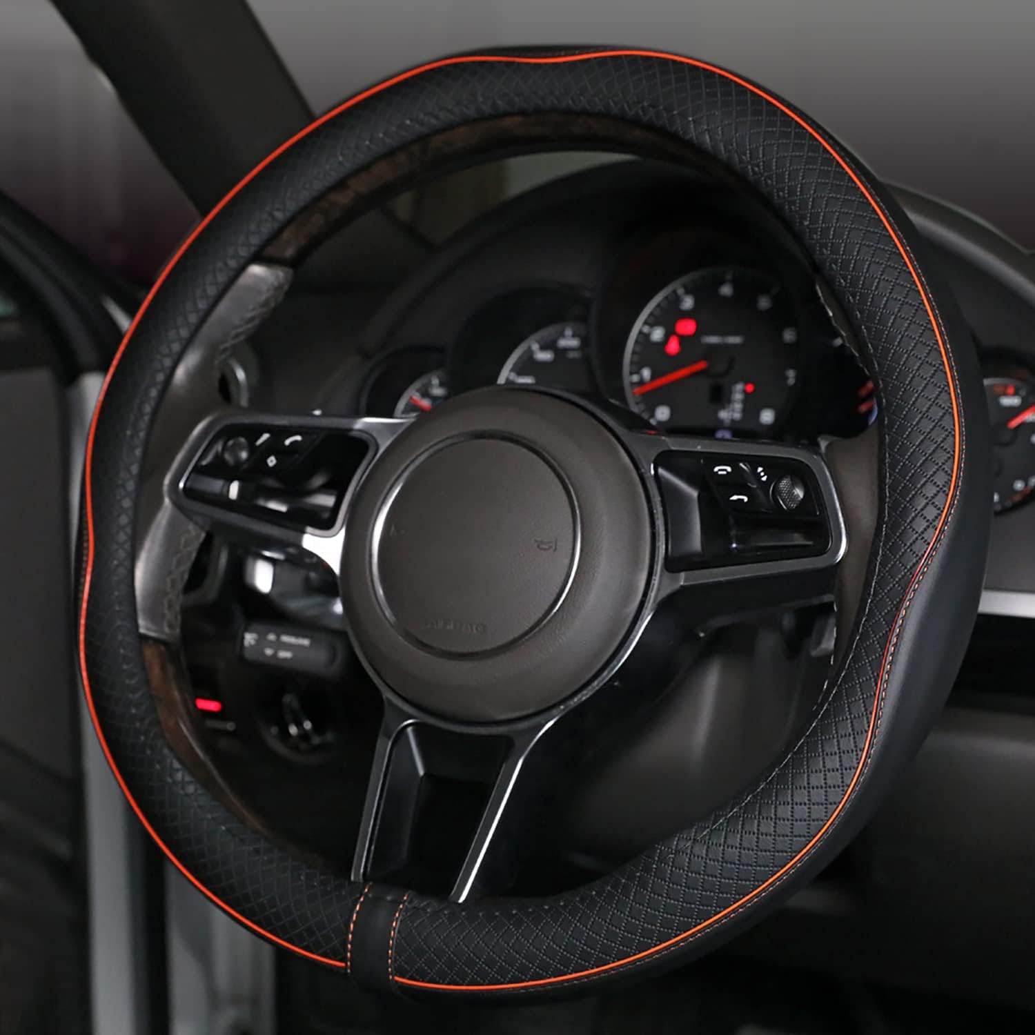 Car Steering Wheel Cover, Anti-Slip, Safety, Soft, Breathable, Heavy Duty, Thick, Full Surround, Sports Style (Black with Light Orange Line)