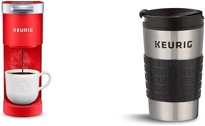 Keurig K-Mini Single Serve K-Cup Pod Coffee Maker, Poppy Red &amp; Travel Mug Fits K-Cup Pod Coffee Maker, 1 Count (Pack of 1), Stainless Steel