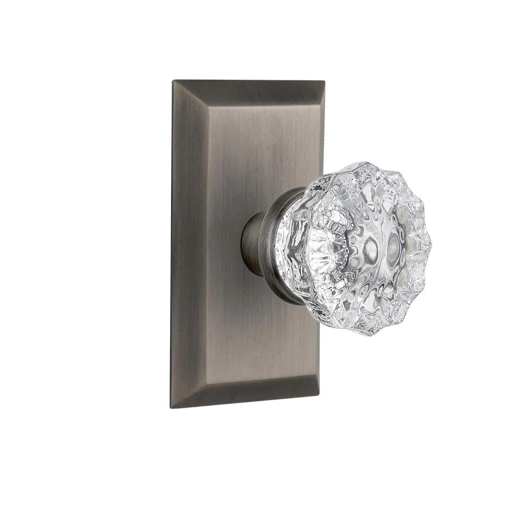 Studio Plate 2-3/8 in. Backset Antique Pewter PassaHall/Closet Crystal Glass Door Knob