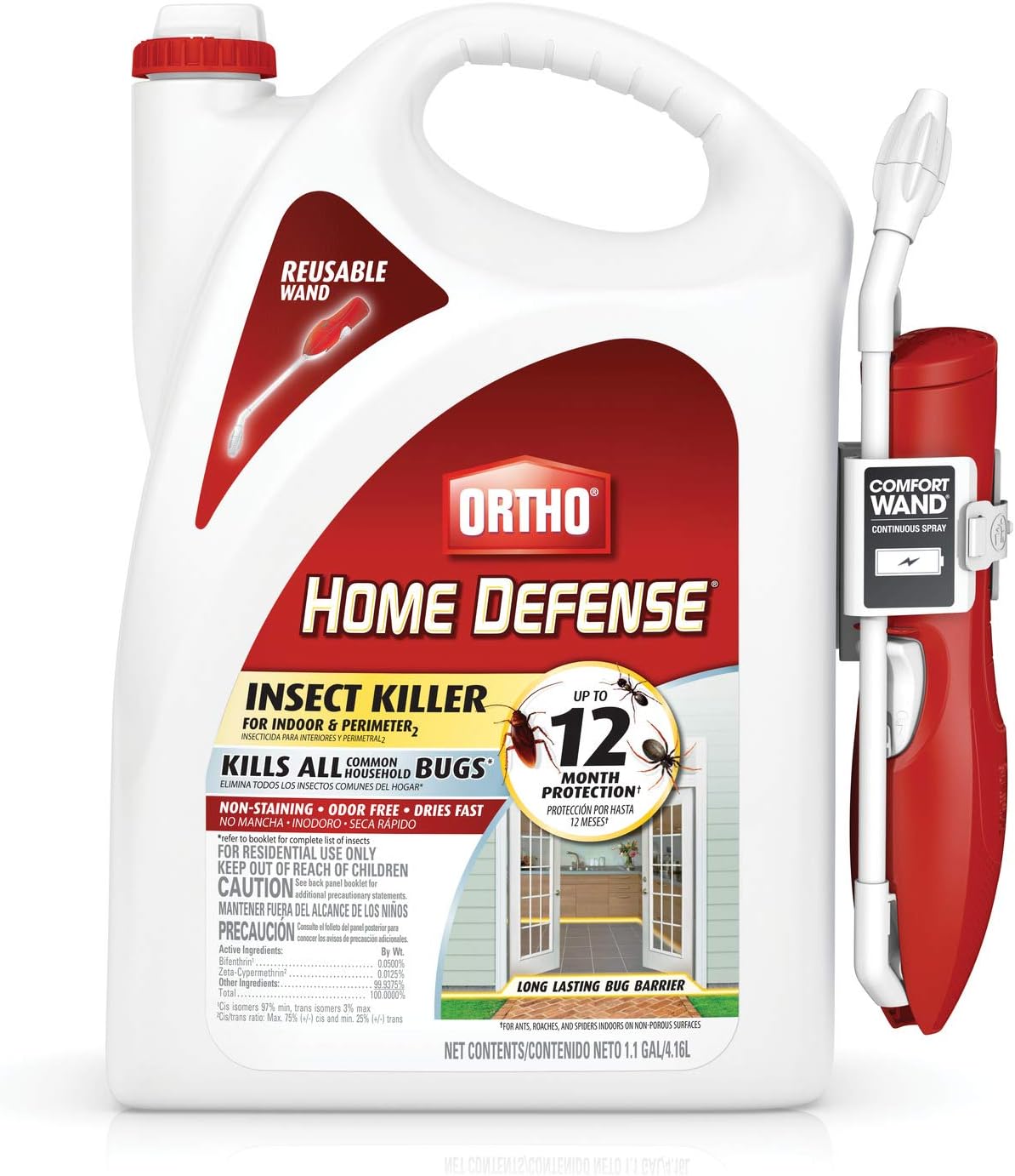 Ortho Home Defense Insect Killer for Indoor &amp; Perimeter2: With Comfort Wand, Kills Ants, Cockroaches, Spiders, Fleas &amp; Ticks, Odor Free, 1.1 gal.