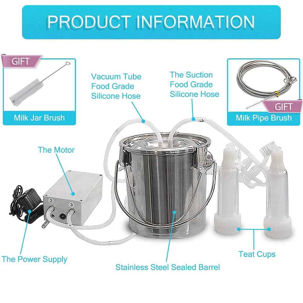 Cow Goat MilMachine, Pulsation Vacuum Pump Milker, Automatic Portable Livestock MilSupplies and Equipment with  Steel Bucket