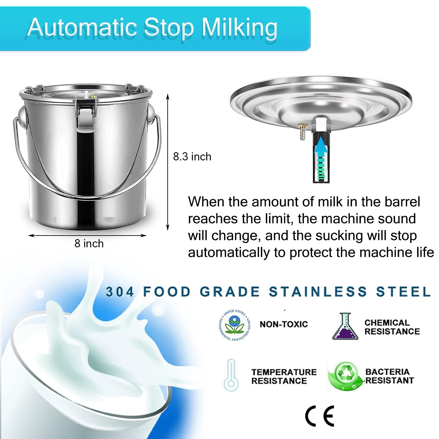 Cow Goat MilMachine, Pulsation Vacuum Pump Milker, Automatic Portable Livestock MilSupplies and Equipment with  Steel Bucket