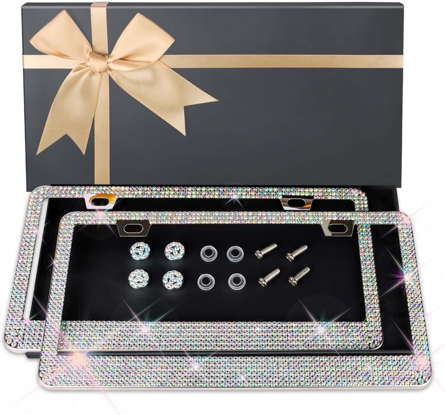 AUJEN Bling License Plate Frame - Sparkly License Plate Holder, Lastingly License Plate Frame for Women, Stainless Steel &amp; Obstruction-Free Car Accessory with Multifaceted Rhinestones, Colorful