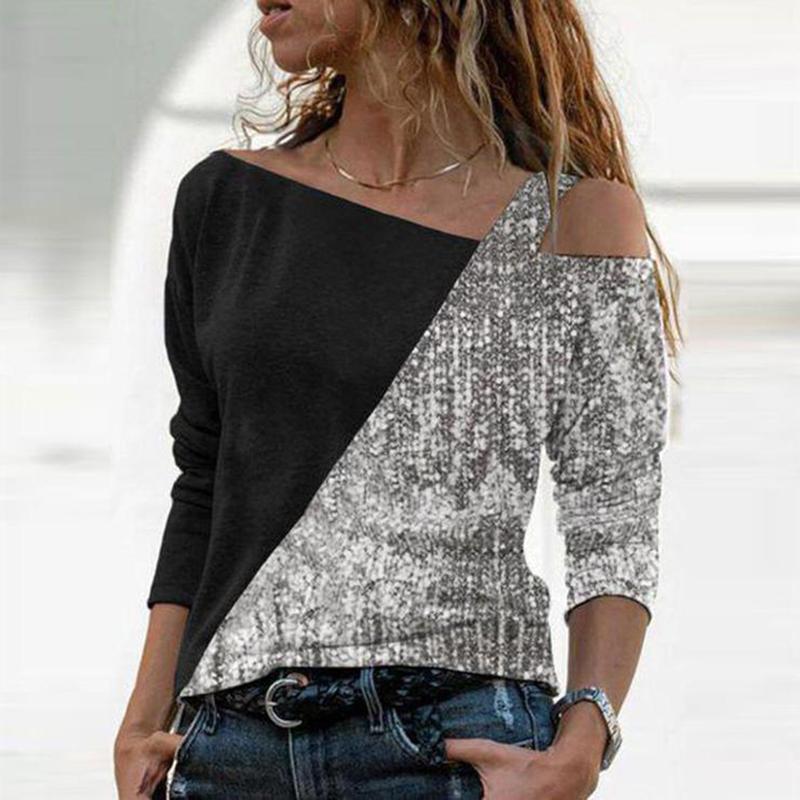 Elegant Shoulder Splicing Sequined T-shirt