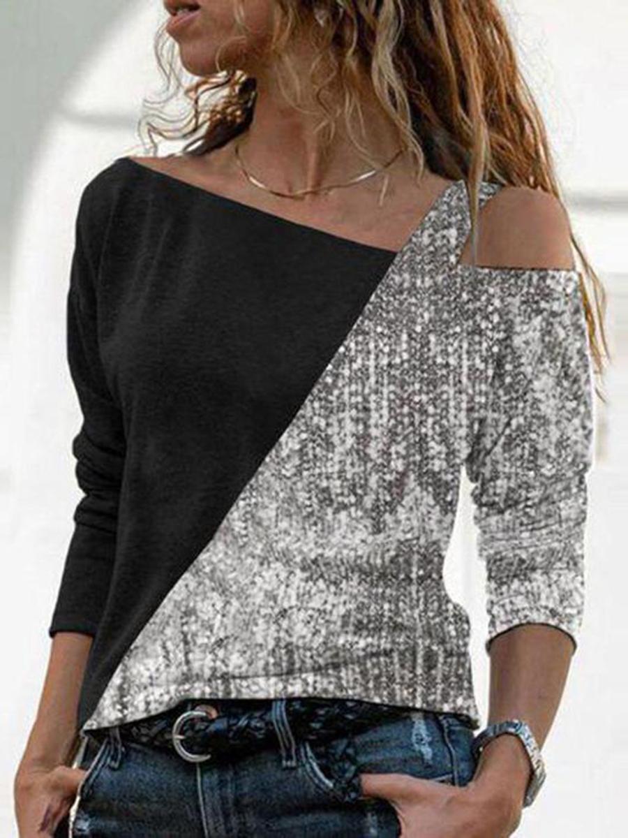 Elegant Shoulder Splicing Sequined T-shirt