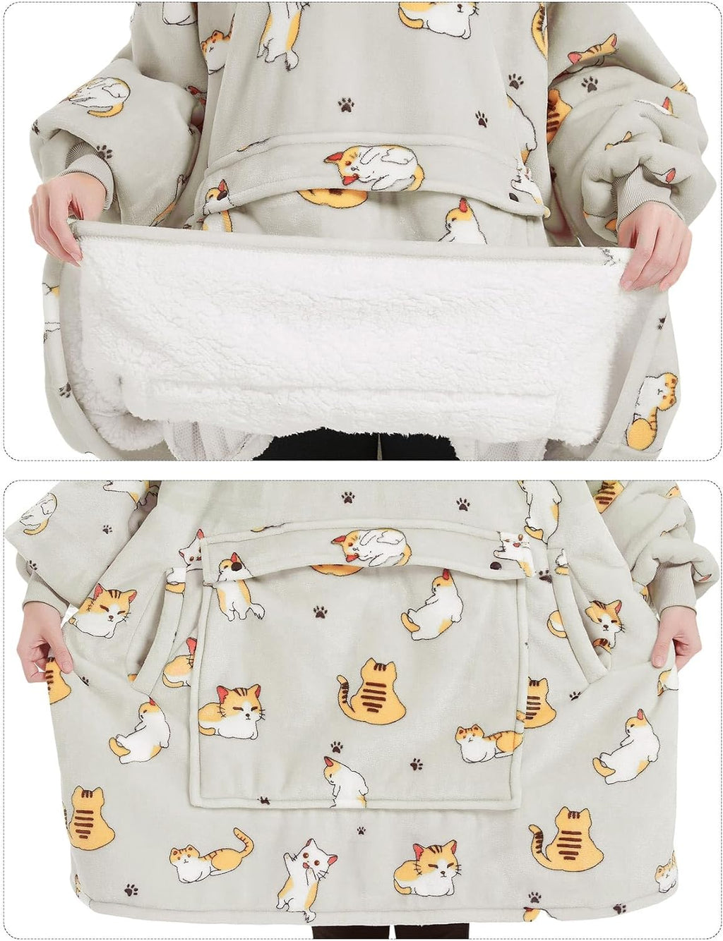 KFUBUO Wearable Blanket Hoodie for Adults Sherpa All Patterns Cat Oversized Sweatshirt Blanket with Pockets for Women