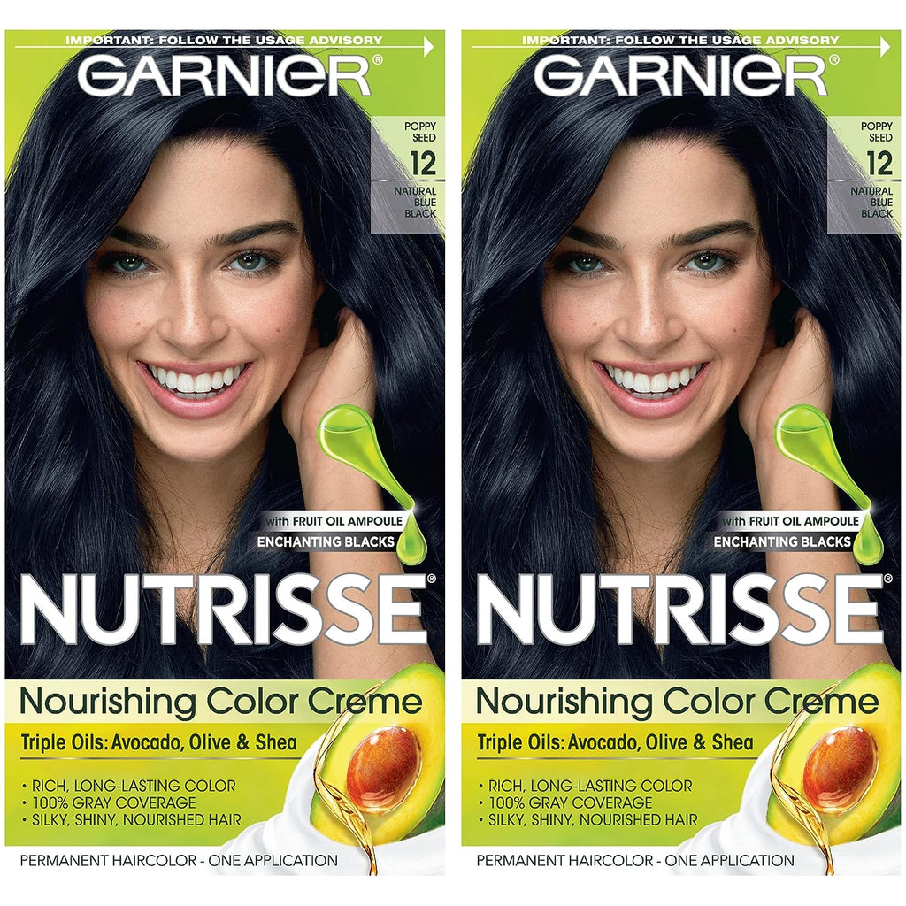 Garnier Hair Color Nutrisse Nourishing Creme, 12 Natural Blue Black (Poppyseed) Permanent Hair Dye, 2 Count (Packaging May Vary)