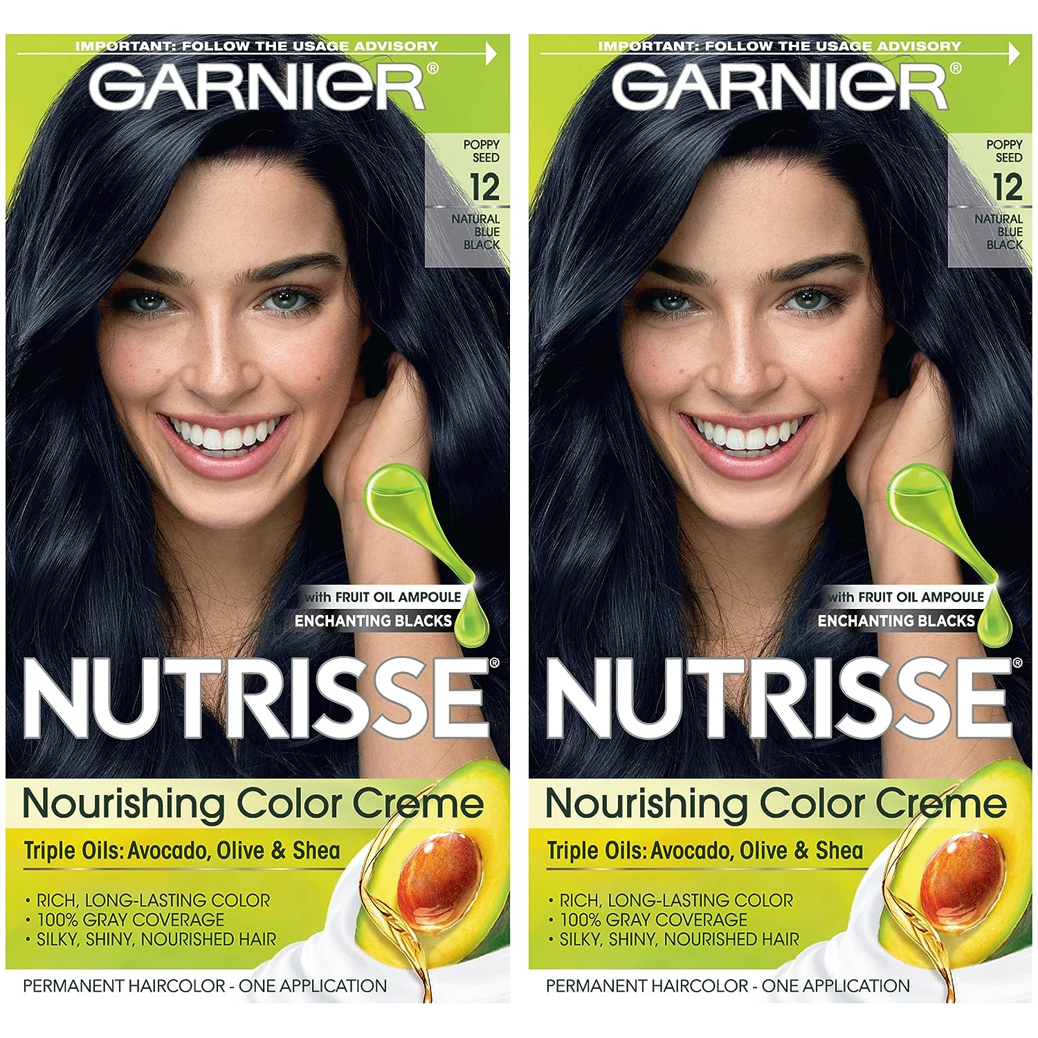 Garnier Hair Color Nutrisse Nourishing Creme, 12 Natural Blue Black (Poppyseed) Permanent Hair Dye, 2 Count (Packaging May Vary)