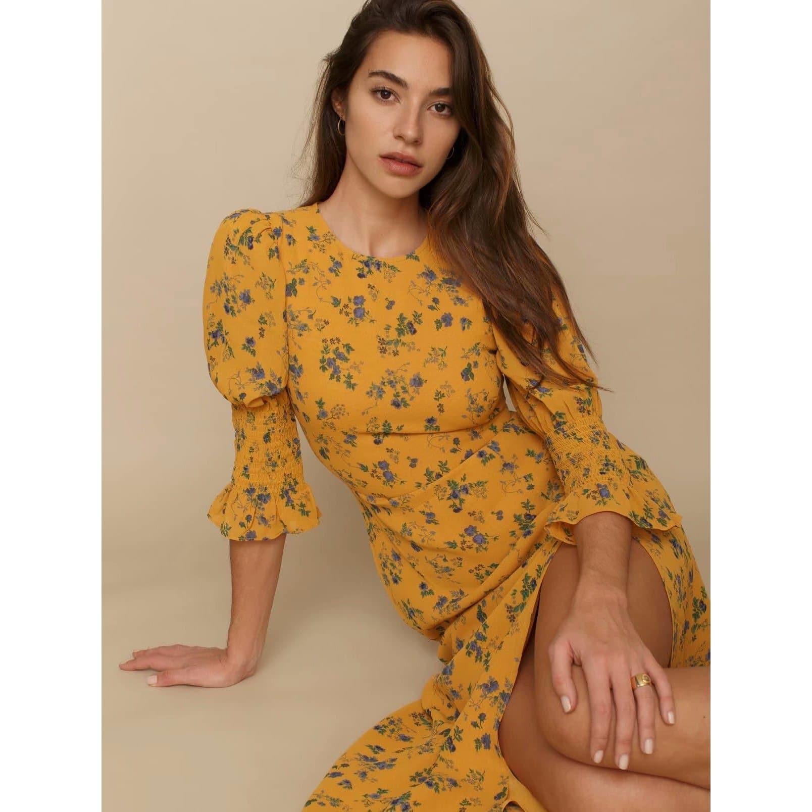 floral flare sleeve midi dress