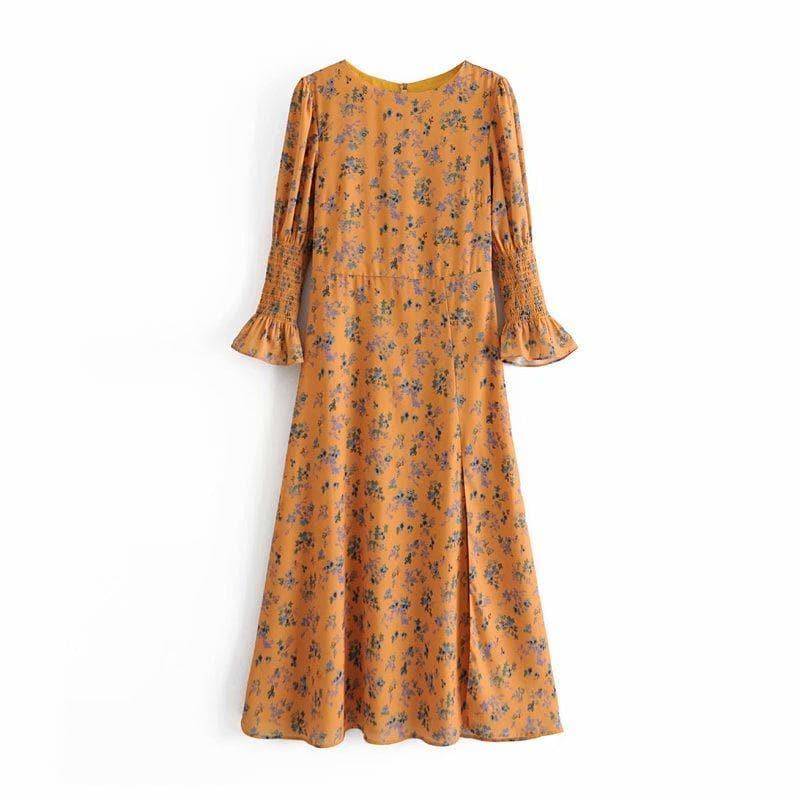 floral flare sleeve midi dress