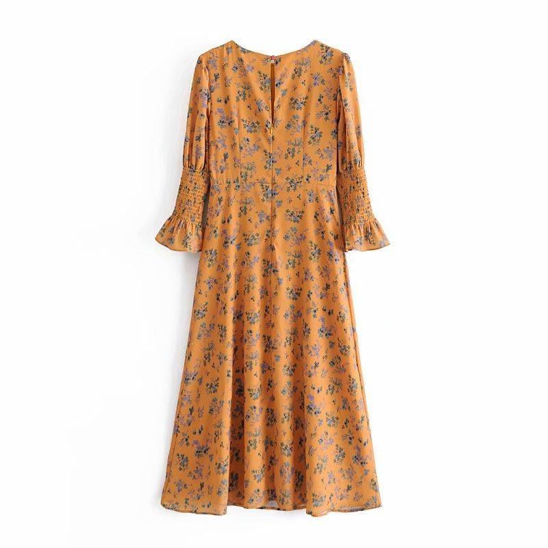 floral flare sleeve midi dress