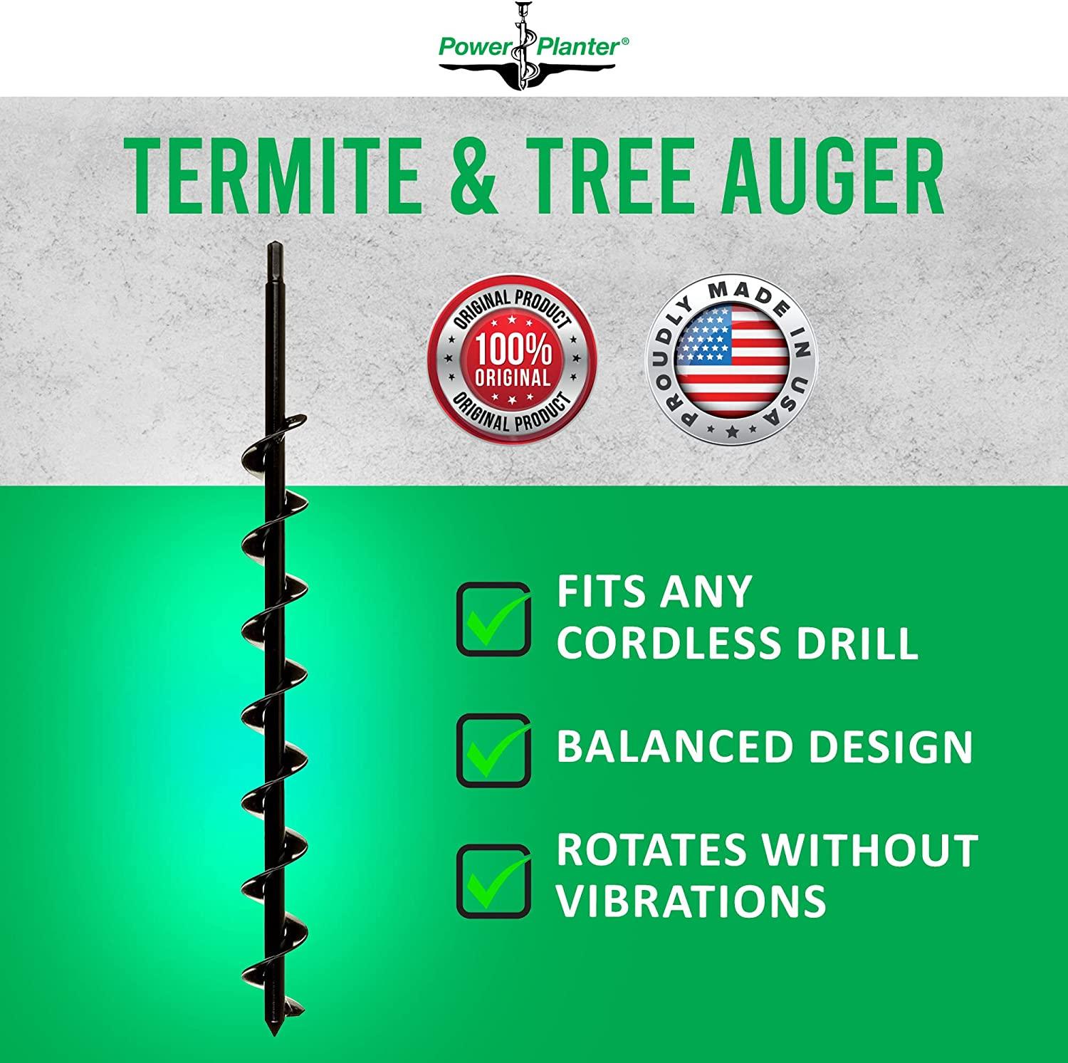 Power Planter Termite & Tree Auger 2"x24" With 1/2" Non-Slip Hex Drive - Heavy Duty Auger Bare Root Tree & Shrub Planting, Irrigation or Bait Stations Install - Works in All Soil Conditions - USA Made