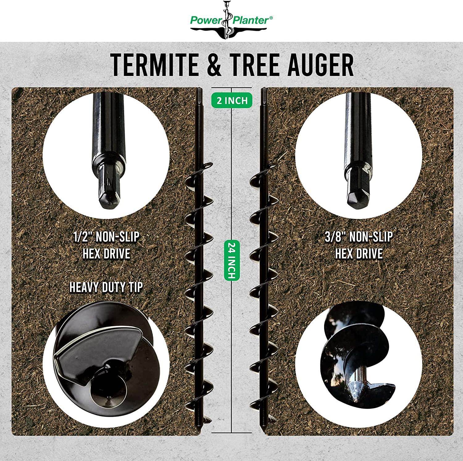 Power Planter Termite & Tree Auger 2"x24" With 1/2" Non-Slip Hex Drive - Heavy Duty Auger Bare Root Tree & Shrub Planting, Irrigation or Bait Stations Install - Works in All Soil Conditions - USA Made