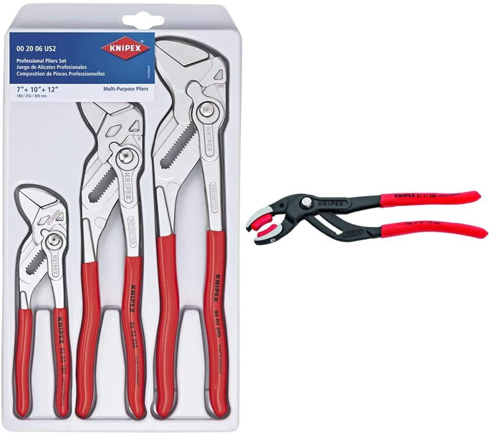KNIPEX Tools 00 20 06 US2, Pliers Wrench 3-Piece Set &amp; Tools 81 11 250 SBA 10" Pipe and Connector Pliers with Soft Jaws (843221021412)
