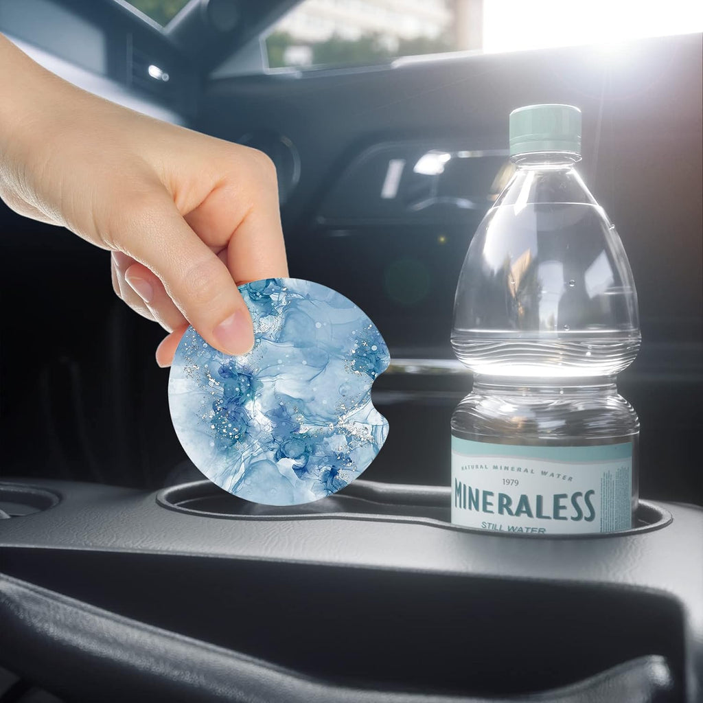 Nipichsha Car Cup Holder Coasters, Car Coasters for Cup Holders, 2 Pack Anti Slip Insert Coasters, Rubber Car Cup Mat with A Finger Notch, Cute Car Interior Accessories for Women (Light Luxury Blue)