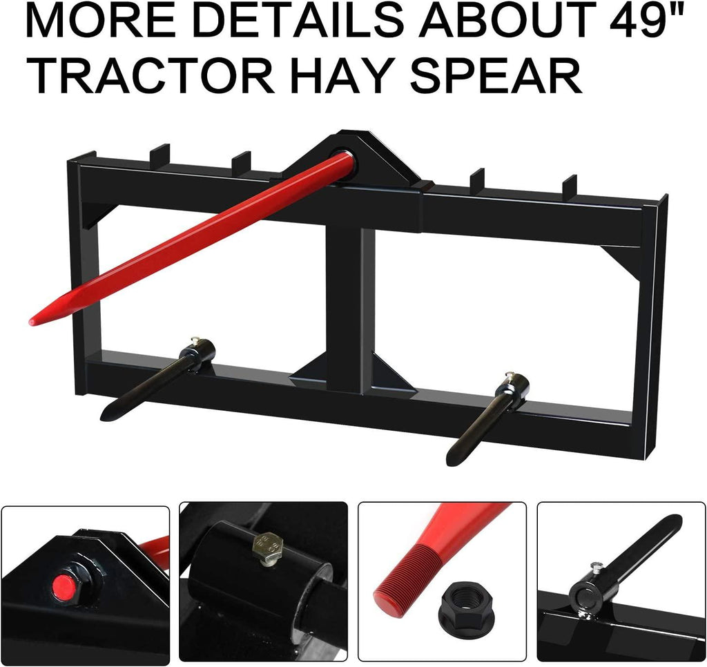EBESTTECH 49 Inch Tractor Hay Spear Attachment 3000LBS Spike Skid Steer  Attach Bobcat Tractors with 1pc Red Hay Spear + 2pcs Black Stabilizer Spears Spike Fork Tine