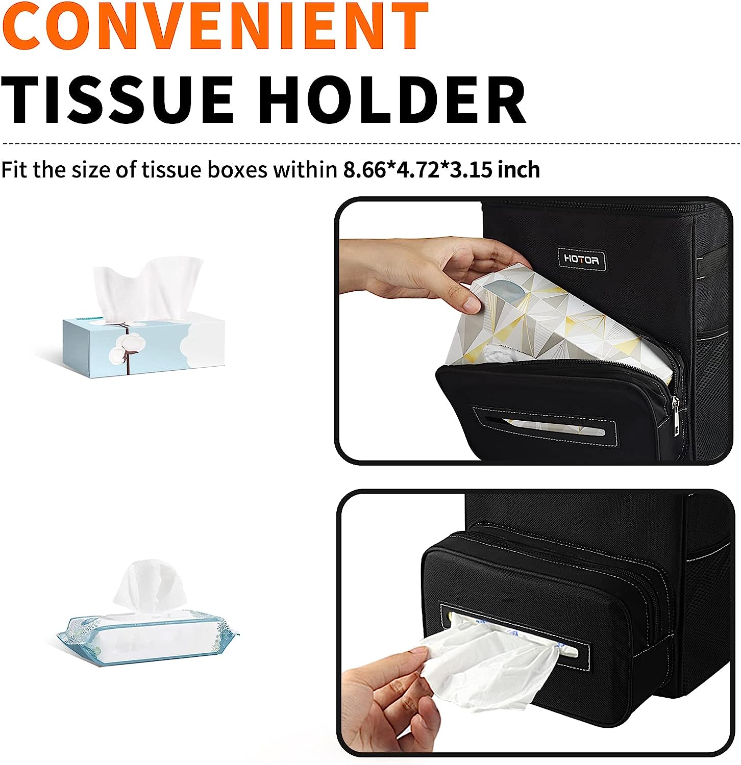 HOTOR Car Trash Can 2.5 Gallon - Handy Tissue Holder, Easy-to-Install Car Accessory Interior, Leak-Proof Organizer and Storage Bag for the Back/Front/Console of Any Cars, Sedans, SUVs &amp; Trucks