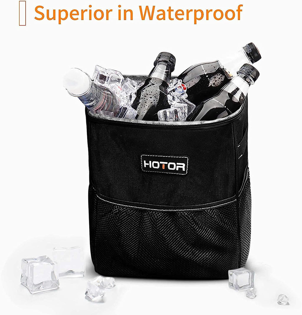 HOTOR Trash Can with Lid and Storage Pockets, 100% Leak-Proof Organizer, Waterproof Garbage Can, Multipurpose Trash Bin for Car - Black