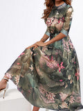 Fashion Casual Lotus Leaf Lotus Print Round Neck Half Sleeve Maxi Dress