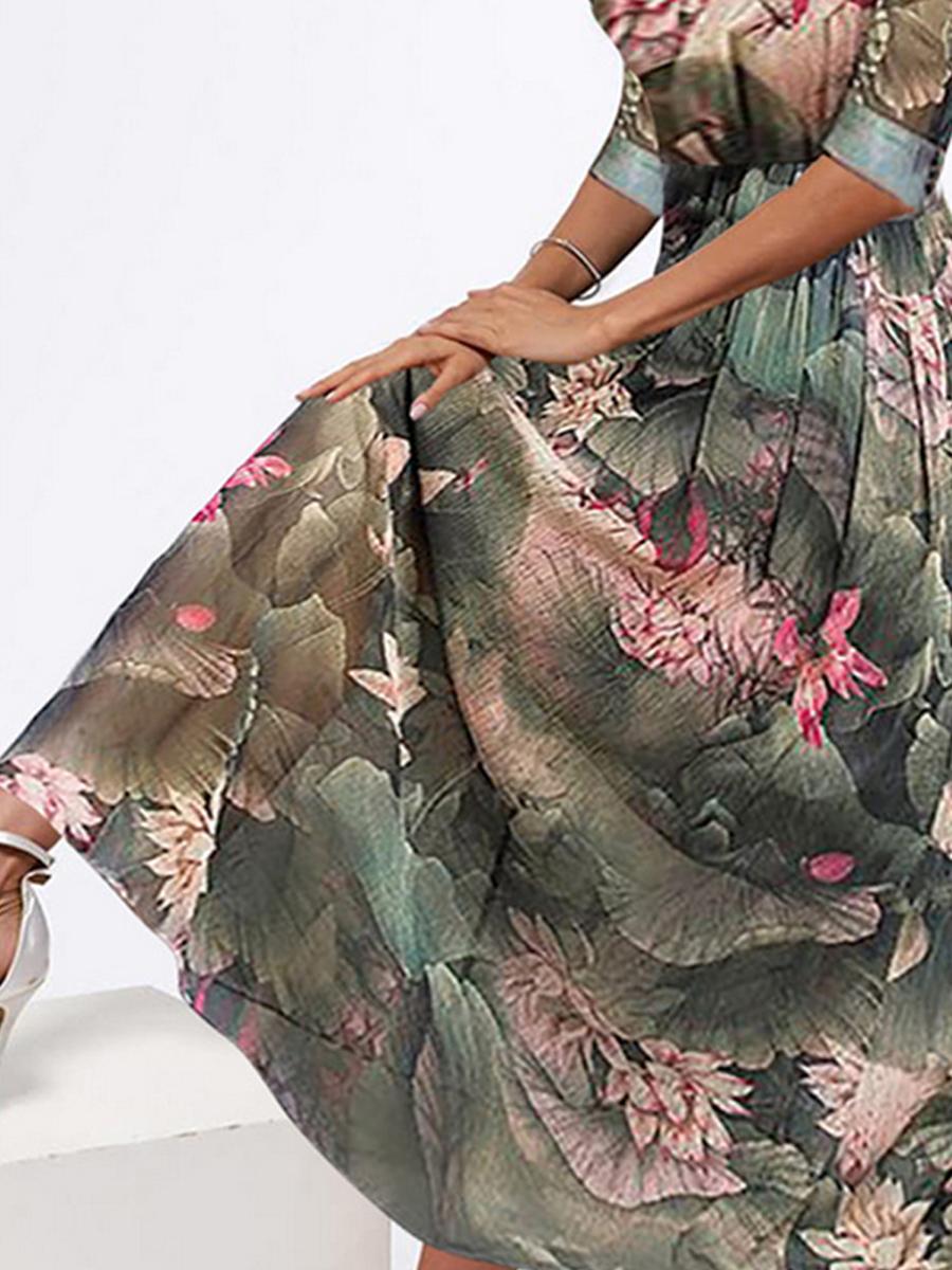 Fashion Casual Lotus Leaf Lotus Print Round Neck Half Sleeve Maxi Dress