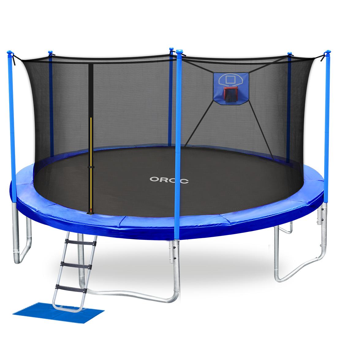 ORCC Trampoline 15 14 12 10FT Basketball Trampoline with Safety Enclosure Net, Ladder, Rain Cover, Basketball Hoop and Ball for Backyard