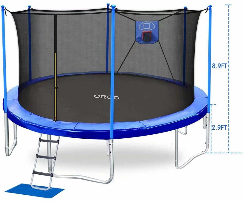 ORCC Trampoline 15 14 12 10FT Basketball Trampoline with Safety Enclosure Net, Ladder, Rain Cover, Basketball Hoop and Ball for Backyard