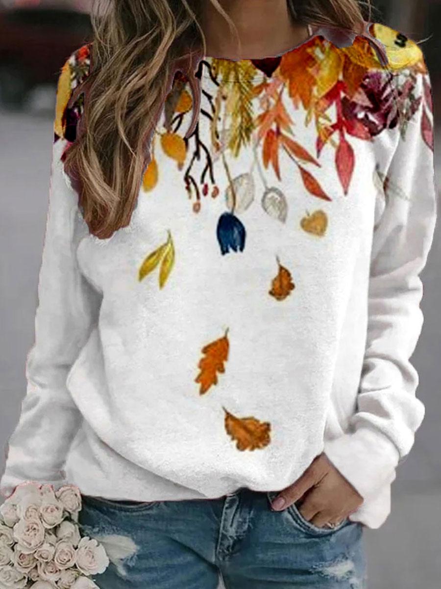 Fashion Leaf Print Round Neck Long Sleeve Casual Sweatshirt