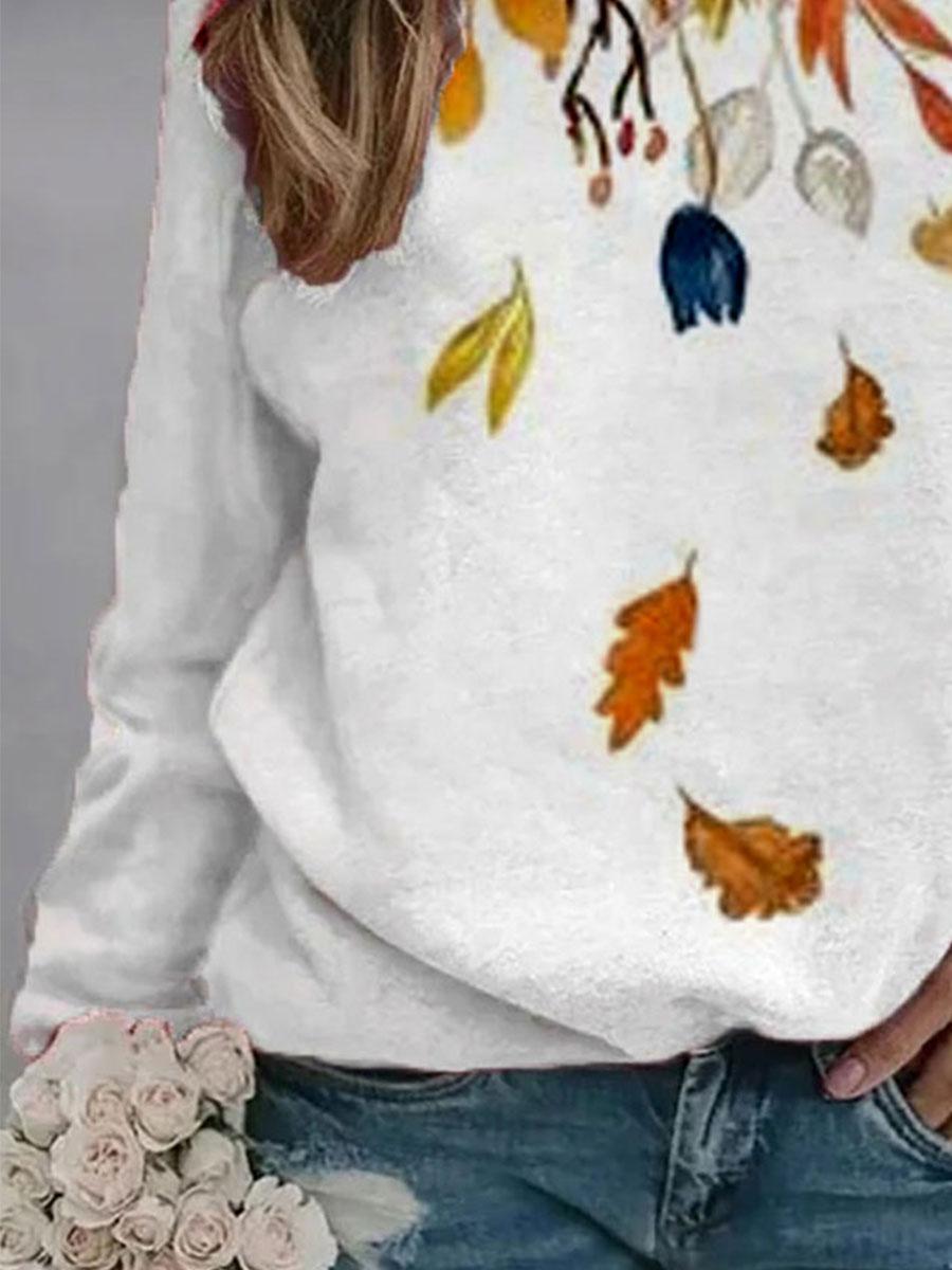 Fashion Leaf Print Round Neck Long Sleeve Casual Sweatshirt