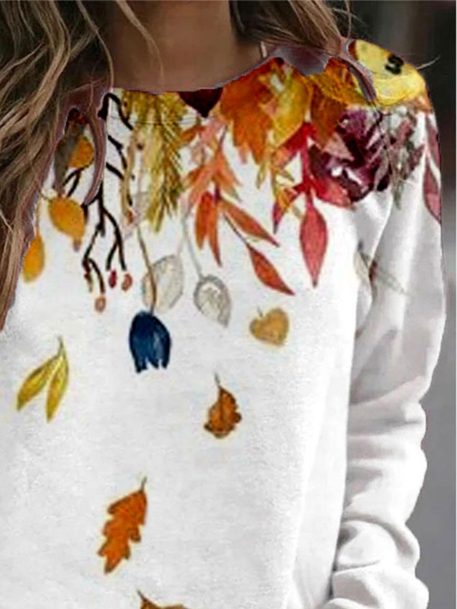 Fashion Leaf Print Round Neck Long Sleeve Casual Sweatshirt