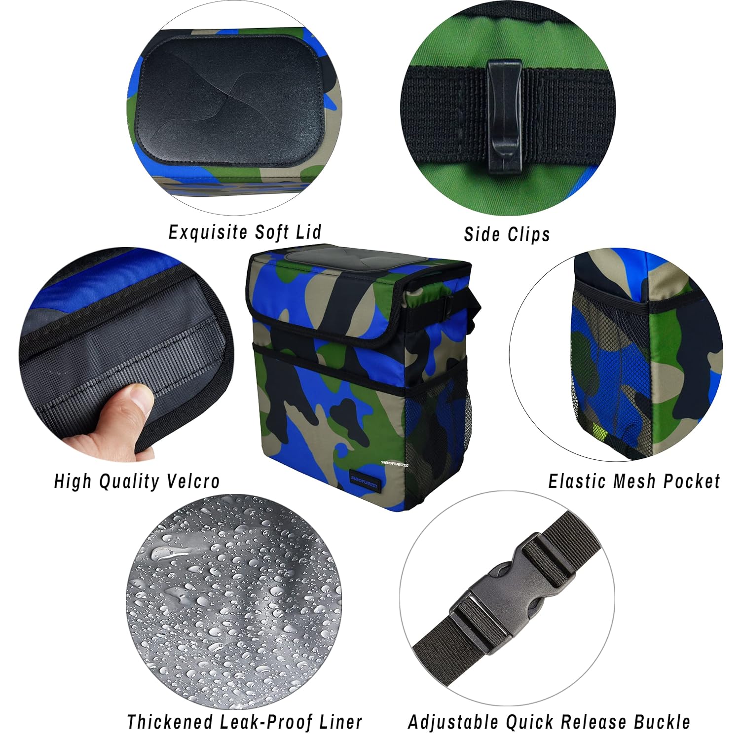 SIBOFUEGO Cute Car Trash Can with Lid - Leak Proof Car Trash Bag Hanging Waterproof Car Garbage Can with Storage Pockets Multipurpose Collapsible Car Organizer (Camo Blue)