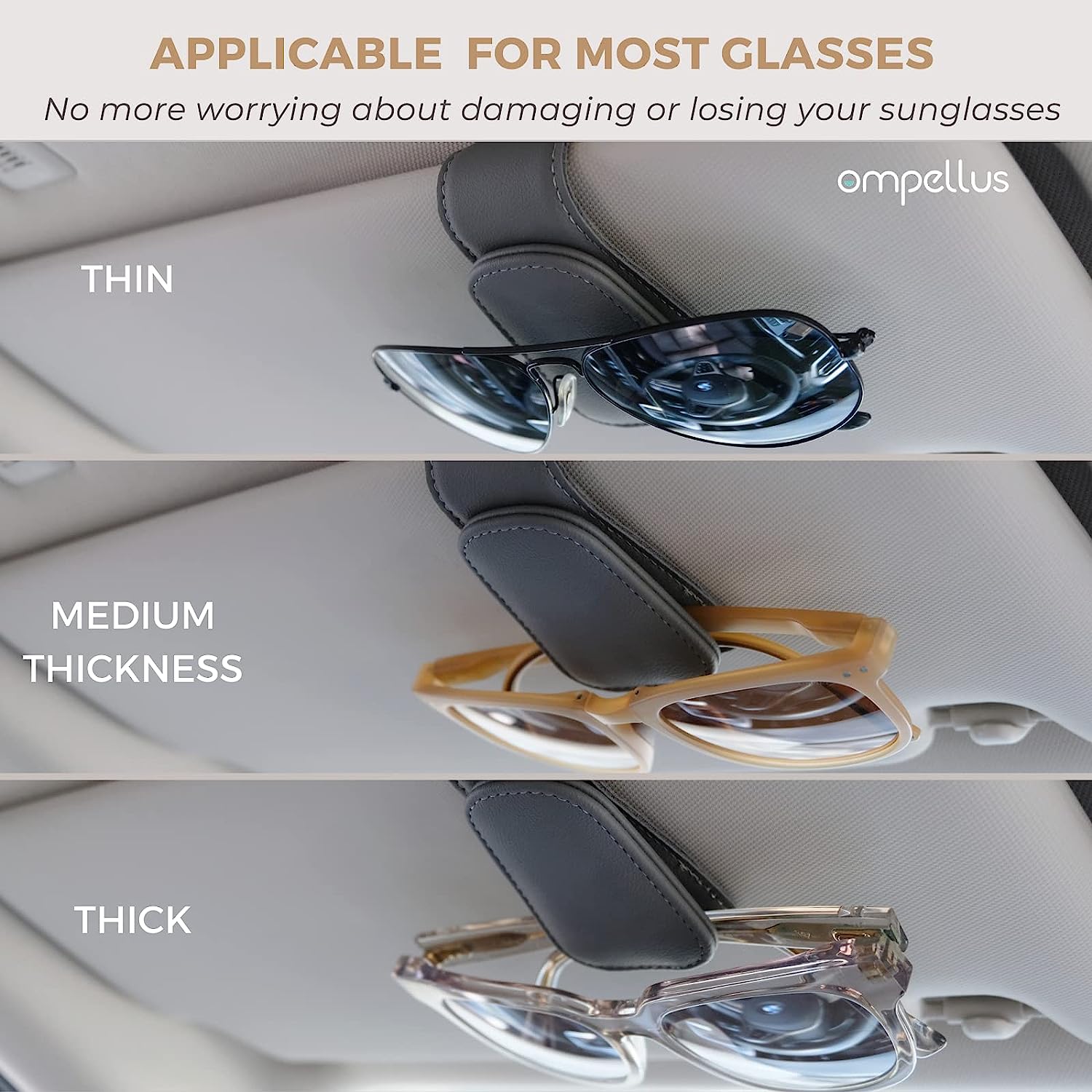 Ompellus Magnetic Leather Sunglass Holder, Eyeglass Hanger Clip for Car Sun Visor, Suitable for Different Size Eyeglasses(Gray)