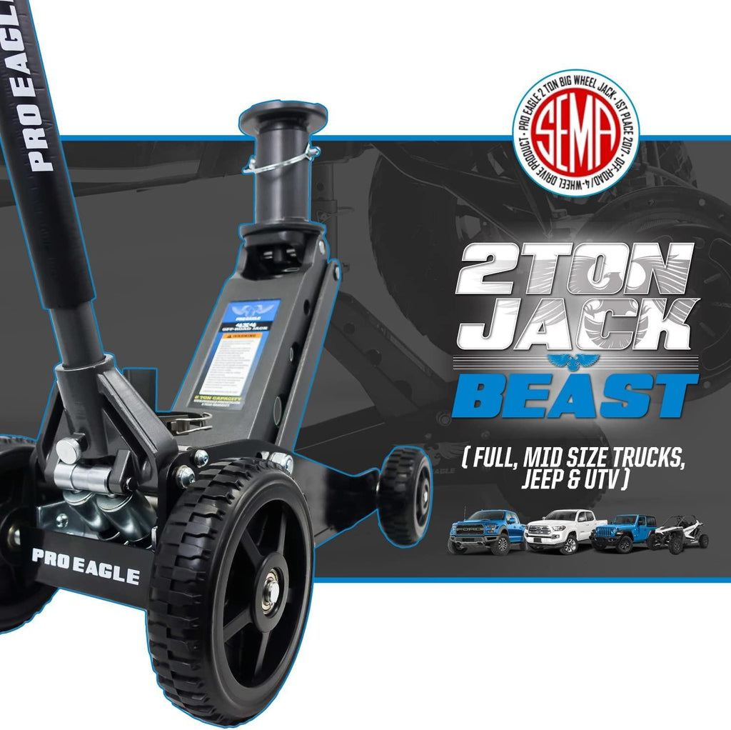 Pro Eagle 2 Ton Big Wheel Off Road Jack, The Beast, Off Road Racing High Clearance Car Jack (2 Ton, Black, Big Wheel)