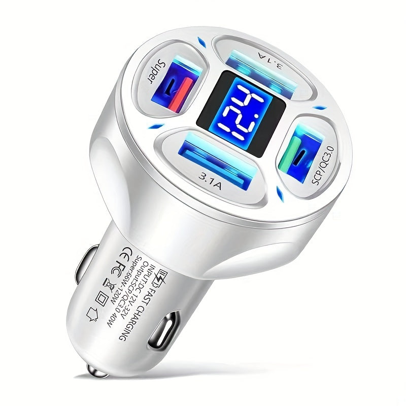 120W Car Charger Fast Charging 4 Usb Digital Display Car Fast Charger 4-in-1 PD Mobile Phone Charging Head 7AQC3.0 Car Phone Adapter Car Accessories