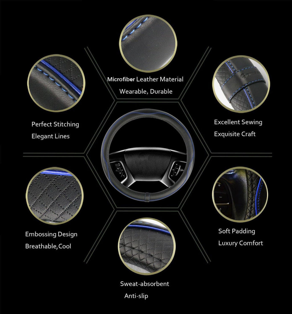 Car Steering Wheel Cover, Anti-Slip, Safety, Soft, Breathable, Heavy Duty, Thick, Full Surround, Sports Style (Black Blue)