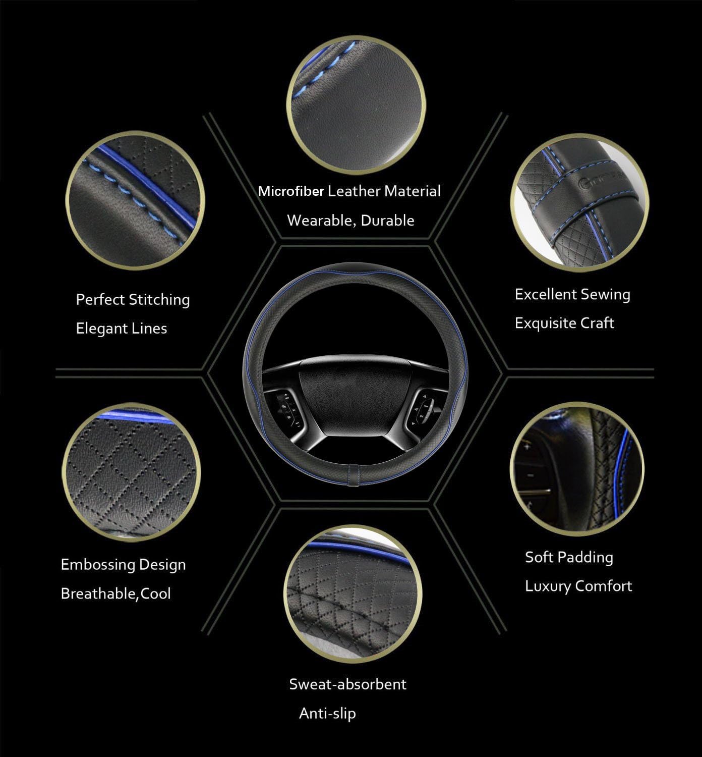 Car Steering Wheel Cover, Anti-Slip, Safety, Soft, Breathable, Heavy Duty, Thick, Full Surround, Sports Style (Black Blue)